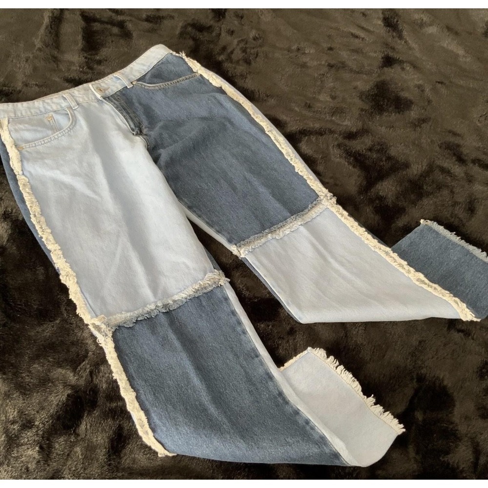 Ragged Jeans‎ Jeans Womens 32 Blue Two Tone Patchwork Raw Hem Straight Leg